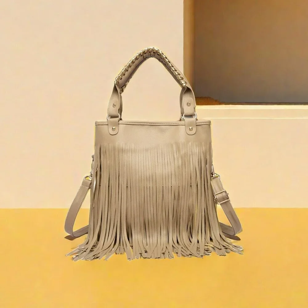 Handbag Faux Leather Shoulder Crossbody Purse with Rivets and Fringes